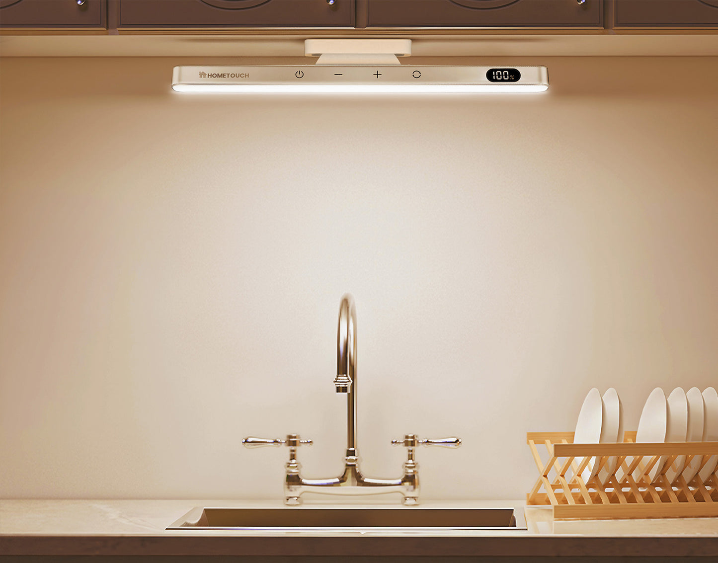 Stick-on magnetic LED light mounted under kitchen cabinet