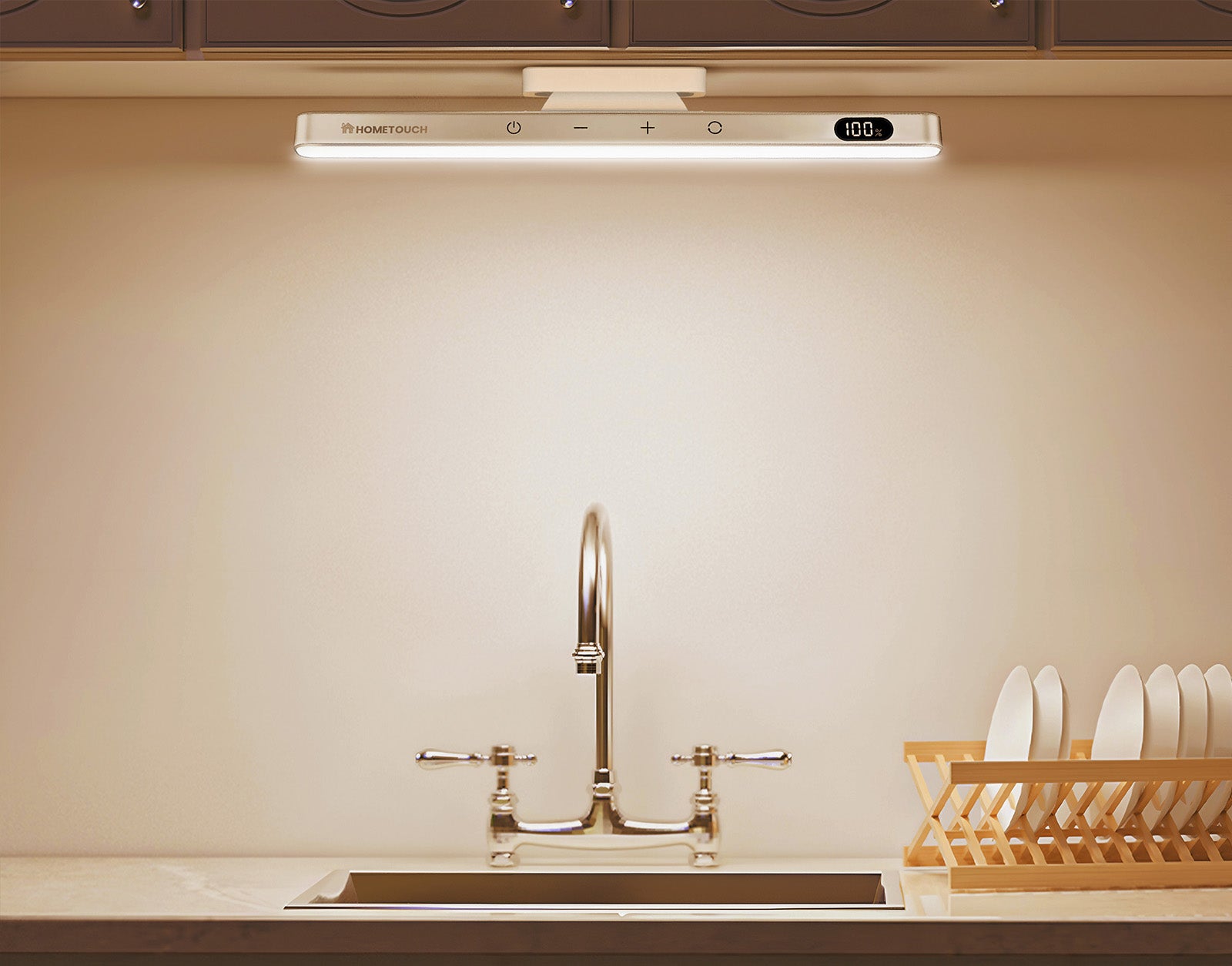 Stick-on magnetic LED light mounted under kitchen cabinet